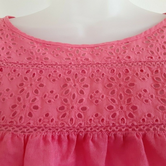 J. CREW Vintage Pink or Coral Linen and Lace Eyelet Boho Peasant Blouse Size XS - Picture 3 of 8